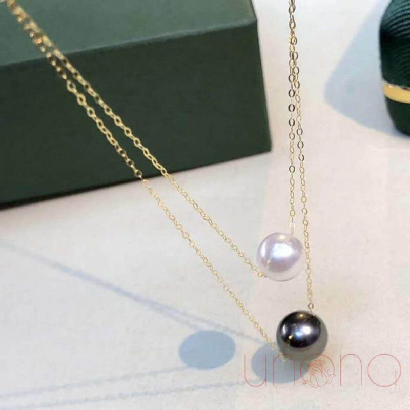 Gorgeous Black Tahitian and White Akoya Pearl Gold Necklace