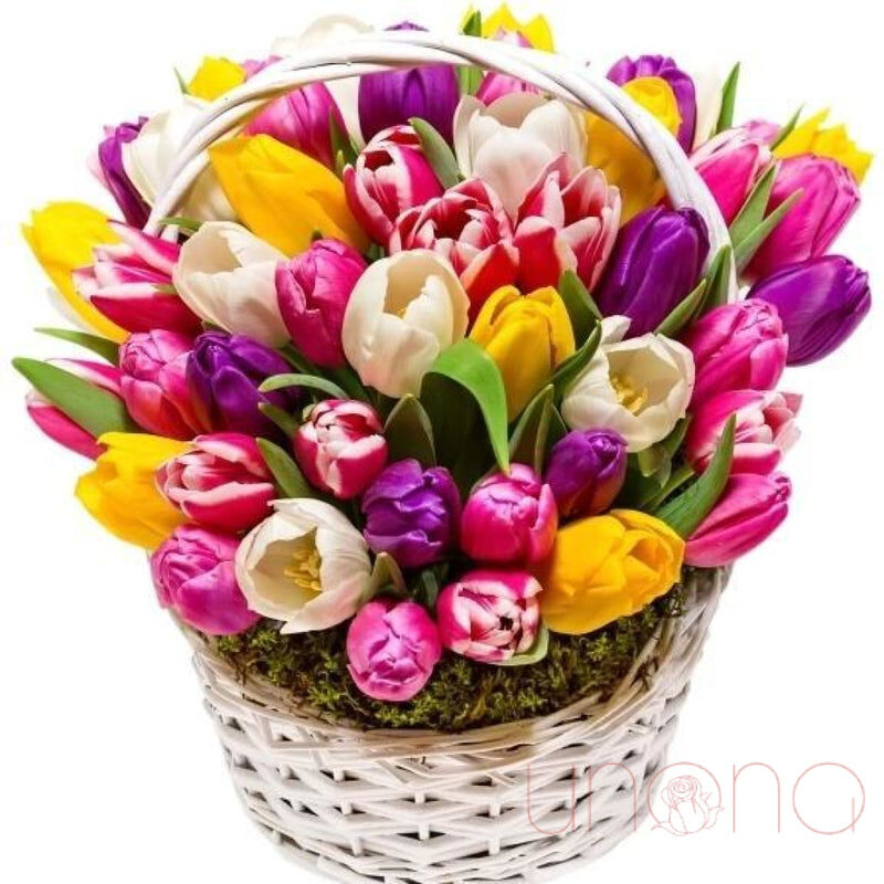 Multicolored Tulips Basket