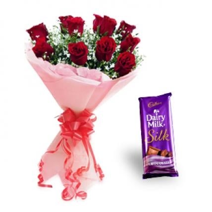 Roses with Cadbury Dairy Milk Silk (9 Red Roses & 4 Cadbury Dairy Milk Silk(60 gm))
