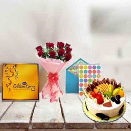 Combo For Loved One (1 Kg Cake, 12 Red Roses, Cadbury Celebration Choco Pack & Greeting Card)