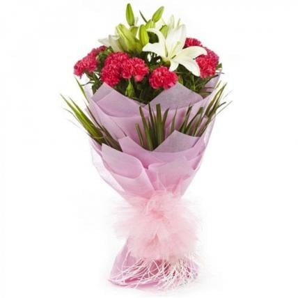 Lily and Carnations (12 Pink Carnations + 5 White Lily)