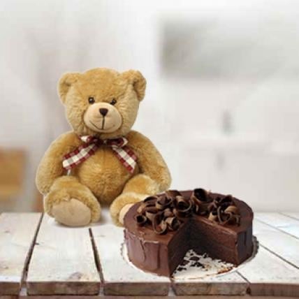 Teddy With 5 Star cake (14-18 Inch Teddy with 1 Kg Chocolate Truffle 5 Star cake)