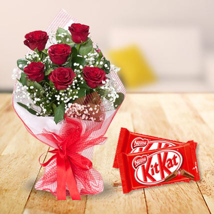 Red Roses With Kit Kat Chocolate (6 Red Roses +15 bars of Kit Kat(37gm))