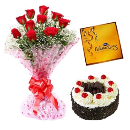 Black Forest Cake, Chocolate And Red Roses (1 Kg Black forest Cake, Cadbury Celebration Chocolate and 12 Red Roses)