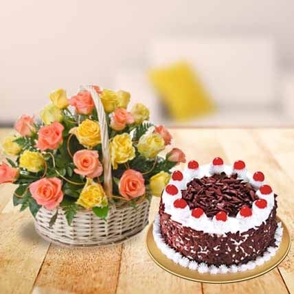 Mixed Roses Basket With Cake (12 Mixed Roses,1 Kg Blackforest Cake)