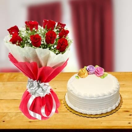 Exclusive Red Roses And Cake Combo (12 Exclusive Red Roses Bouquet with 1 Kg Vanilla Cake)