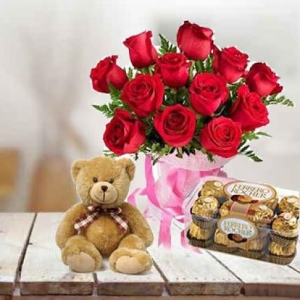 Red Roses with Chocolate & Teddy (12 Red Roses, 16 PCs Ferrero Rocher & 9 Inch Teddy)
