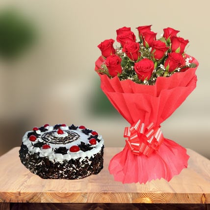 Black Forest Gateau Cake and  Red Roses (1 Kg Cake & 12 Red Roses)