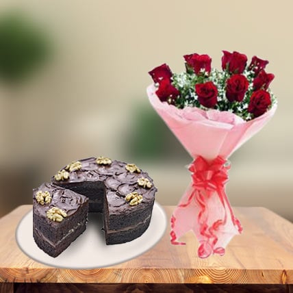 Choco Walnut Cake and  Red Roses (1 Kg Cake & 12 Red Roses)