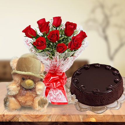 Roses, Cake & Teddy Bear (12 Red Roses, 1/2 Kg Choco Cake & 12 Inch Teddy Bear)