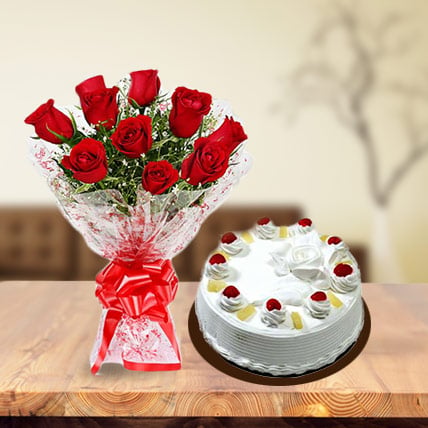 Roses and Pineapple Cake (12 Red Roses & 1/2 Kg Pineapple Cake)