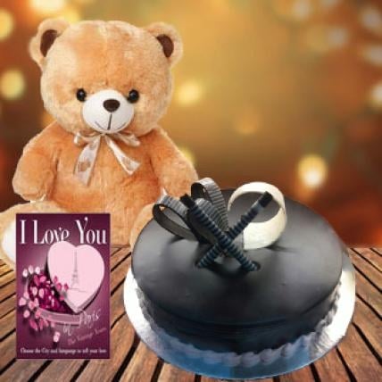 Cake and  Teddy With Card (1/2 Kg Chocolate Truffle Cake, 18 Inch Teddy Bear with a Greeting Card)