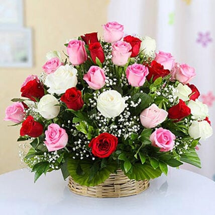 Mixed Roses Basket - Medium (50 Roses)