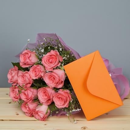 Pink Roses With Greeting Card (12 Pink Roses Bouquet With Card)