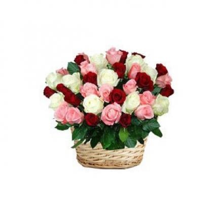 Pink, White and Red Roses Basket (18 Roses)