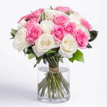 White & Pink Roses Vase Large (25 Roses)