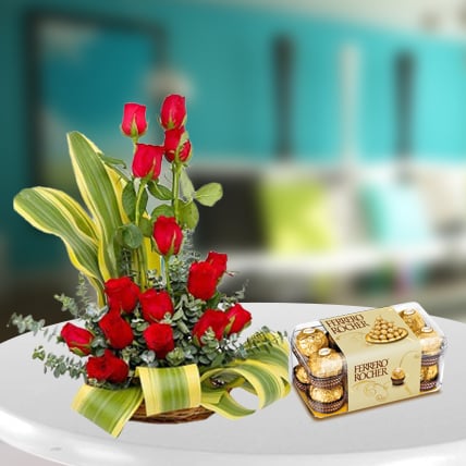 Red Roses Arrangement with Ferrero Rocher (12 Roses Floral Arrangement with 16 Pcs Ferrero Rocher)