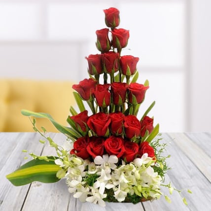 Red Roses And Orchids Arrangement (30 Red Roses and 8 White Orchids Arrangement)