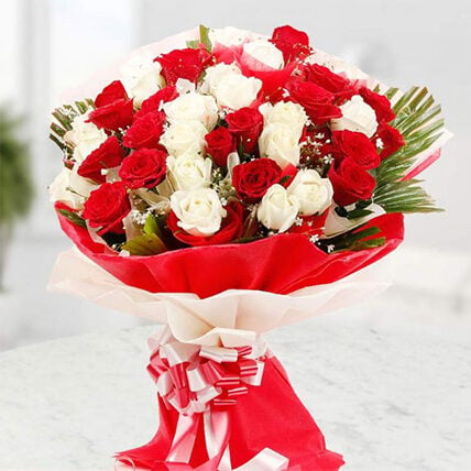 Red and White Roses Bouquet Large (50 Roses)