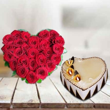 Heart Shape Cake and  Flowers (1 Kg Butter Scotch Cake,24 Red Roses)