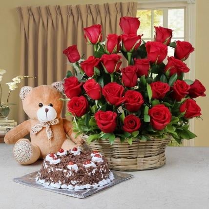 Roses Basket , Cake & Teddy Bear (12 Red Roses Basket, 1/2 Kg Black Forest Cake & 6 Inch Teddy Bear)