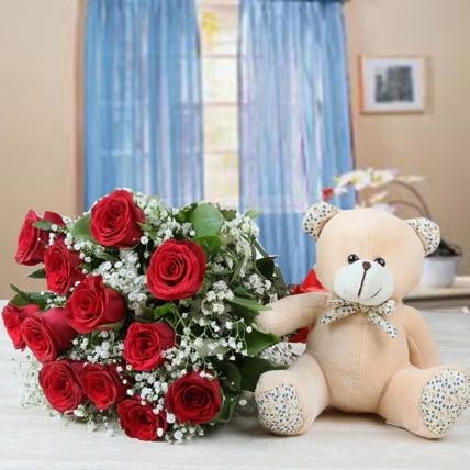 Adorable Love Dose- Red Roses with Teddy (6 Red Roses with 12 Inch Teddy)