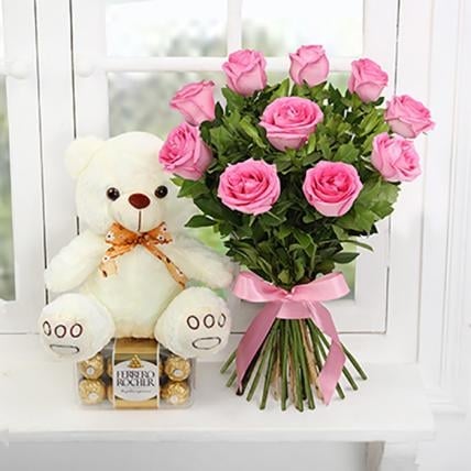 Pink Roses, chocolate & Teddy Combo (6 Pink Roses, 16 Pc Ferrero Rocher & 6 Inch Teddy)