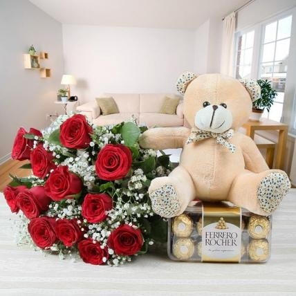 Red Roses, chocolate & Teddy Combo (6 Red Roses, 16 Pc Ferrero Rocher & 6 Inch Teddy)