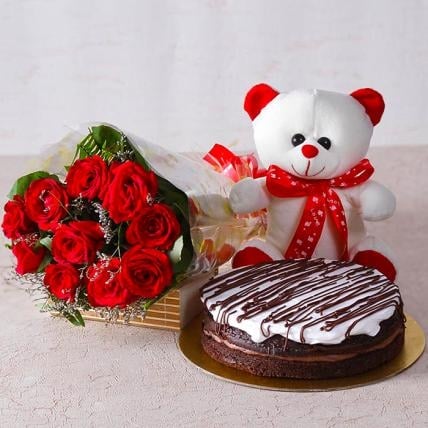 Bunch of Roses with cake and teddy combo (12 Red Roses, 1/2 Kg Chocolate Cake and 6 Inches Teddy)