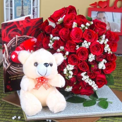 Red Hot Love combo (12 Roses, 6 Inch Teddy Bear and Greeting card)