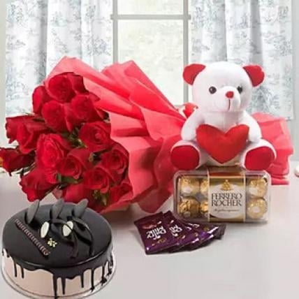 Sweet Love Combo (Bouquet of 15 Red Roses, Cadbury Dairy Milk Chocolate - 5 (12.5 grams each), Teddy Bear - 6 inches, Ferrero Rocher Chocolate Box - 16 pcs, Chocolate Cake - 1 Kg)