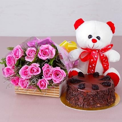 Cute Adorable Love Combo (6 Pink Roses, 1/2 Kg Chocolate Cake and 6 Inches Teddy)