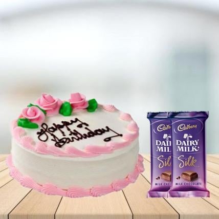 Strawberry Cake with Cadbury Silk Combo (1/2 kg Strawberry Cake With 5 Cadbury Dairy Milk Silk (60 gm))