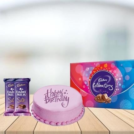 Strawberry Pink Cake with Assorted Chocolates Combo (1/2 kg Strawberry Pink Cake With Cadbury Celebration and 3 Cadbury Dairy Milk Silk (60 gm))