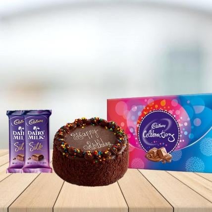 Chocolate Truffle Cake with Assorted Chocolates Combo (1/2 kg Chocolate Truffle Cake With Cadbury Celebration and 3 Cadbury Dairy Milk Silk (60 gm))
