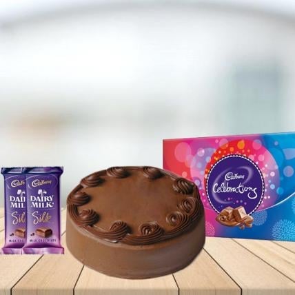 Chocolate Cake with Assorted Chocolates Combo (1/2 kg Chocolate Cake With Cadbury Celebration and 3 Cadbury Dairy Milk Silk (60 gm))