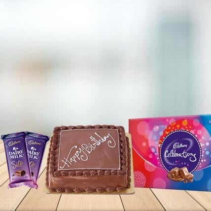 Square Chocolate Cake with Assorted Chocolates Combo (1/2 kg Chocolate Cake With Cadbury Celebration and 3 Cadbury Dairy Milk Silk (60 gm))