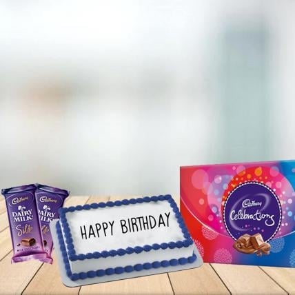 Square Vanilla Cake with Assorted Chocolates Combo (1/2 kg Vanilla Cake With Cadbury Celebration and 3 Cadbury Dairy Milk Silk (60 gm))