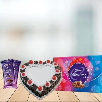 Heart Shape Black Forest with Assorted Chocolates Combo (1/2 kg Heart Black Forest Cake With Cadbury Celebration and 5 Cadbury Dairy Milk Silk (60 gm))