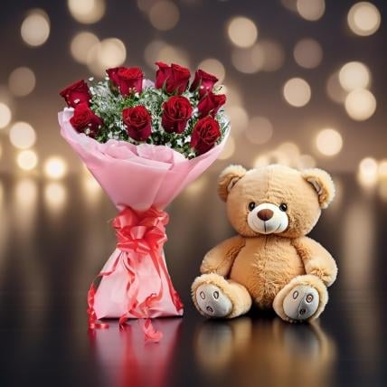 Teddy With Red Roses Bouquet (12 Red Roses with 12 Inch Teddy)