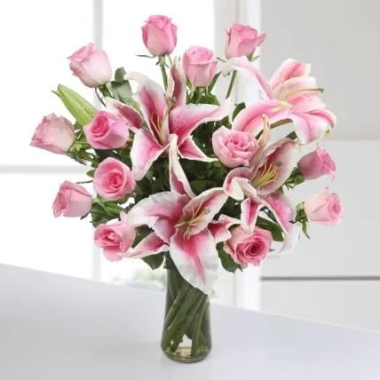 Lily & Pink Roses Vase (4 Asiatic Lilies + 10 Roses Vase)