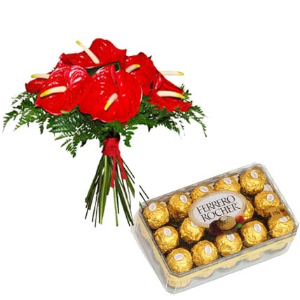Anthurium Bouquet & Chocolate (6 Anthurium Bouquet with 16 PCs Ferrero Rocher)