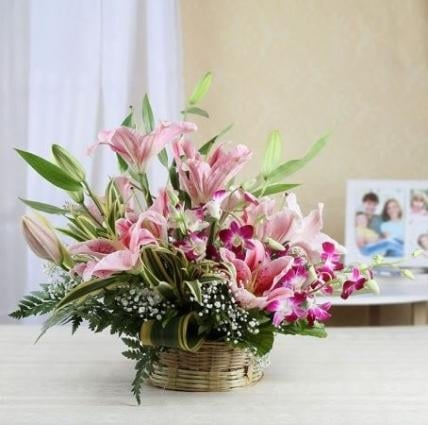 Basket of Pink Lilies (6 Lilies)