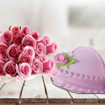Lovely Pink Combo For Her (1 Kg Strawberry Cake with 12 Pink Roses)