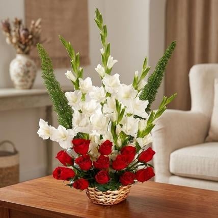 Red Roses & White Glads Basket (12 Roses & 6 White Glads)