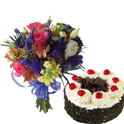 Mixed Flowers With Cake (12 Mixed Flowers,1/2 Kg Vanilla Cake)