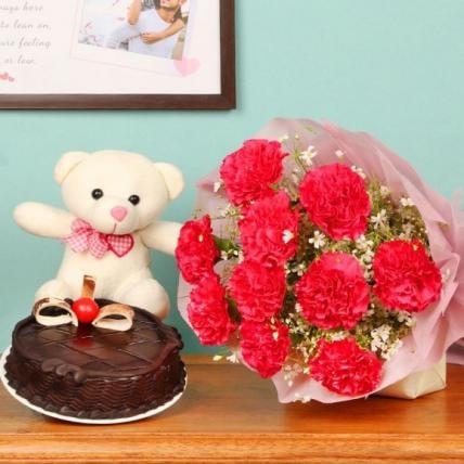 Beautiful carnation and chocolate cake Combo (12 Carnations, 1/2 Kg Chocolate Cake and 6-9 Inches Teddy)