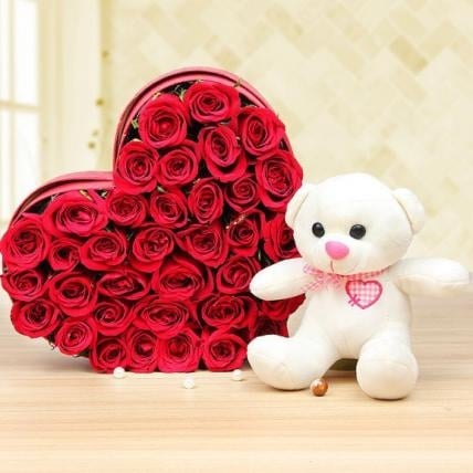 Sparkly Roses with teddy combo (35 Red Roses in box & 12 Inch Teddy)