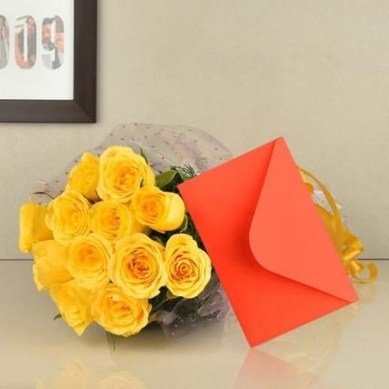 Yellow Roses With Greeting Card (12 Yellow Roses Bouquet With Card)