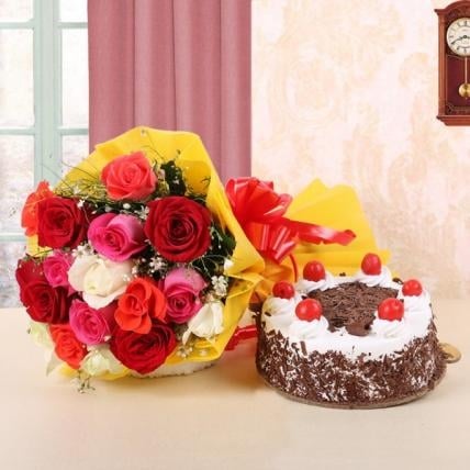 Mixed Roses & Black Forest Cake (1/2 Kg Black Forest Cake & 12 Mix Roses)